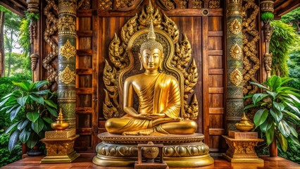Serenely lit golden Buddha statue sits cross-legged on a velvet throne, surrounded by intricately carved wooden panels and lush greenery in a tranquil temple setting.