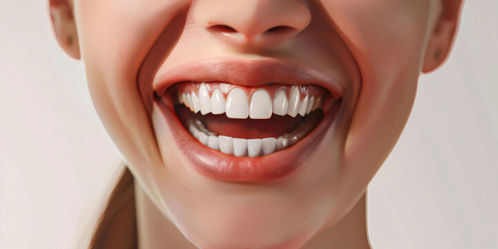 Close-up of a woman's mouth with a bright, open smile and white teeth. Smiling woman and woman laughs Generative Ai