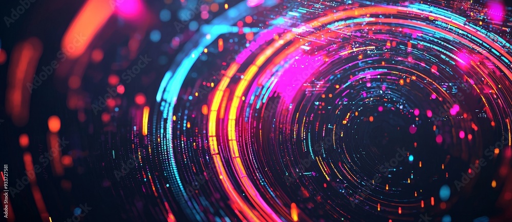 Aufkleber stock image of holographic circle display element technology with neon rainbow wallpaper in digital 