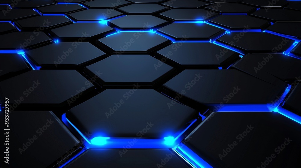 Poster Grid of neon hexagons on an abstract hexagonal background. Sci-fi modern texture for a cyberspace concept.