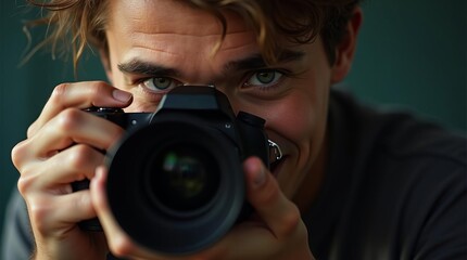 Focused Male Photographer in Action: Professional Capturing Intense Moments with DSLR Camera Close-up