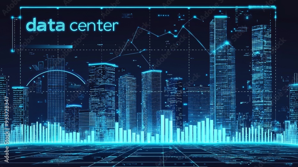 Poster 3d rendering futuristic holographic render for digital data center communication, futuristic holographic scan of smart city technology, Internet connection for smart cities, and hybrid city