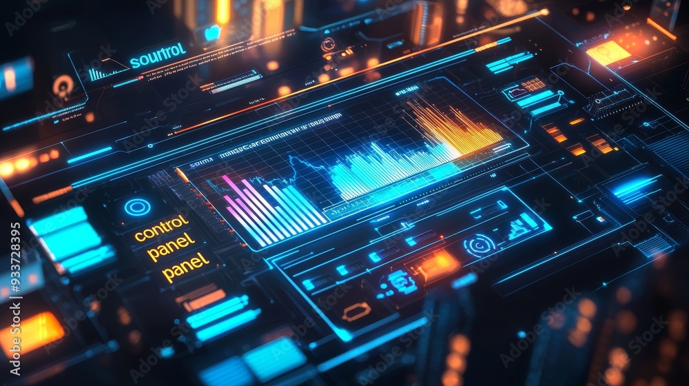 Poster 3D cities technology digital smart city architecture hologram scan UI monitor screen HUD iot internet of things stock, security system tech futuristic background