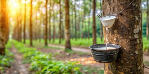 Obraz premium Milky latex dripping from rubber tree bark, rubber tree trunk, latex production, plantation worker, raw material, sustainable, natural rubber, white liquid, rubber plantation