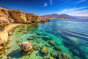 Obraz premium Rock formation by the coast in Dahab, Egypt, with crystal clear turquoise waters, Egypt, shore, peaceful, beauty, aerial, vacation, landscape, rock formation, scenic, beach, travel, stunning