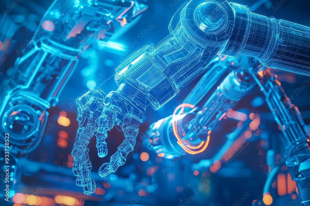 Poster Technology Motion capture hologram 3D rendering of robotic arm and hud for industrial 4.0 concept animation