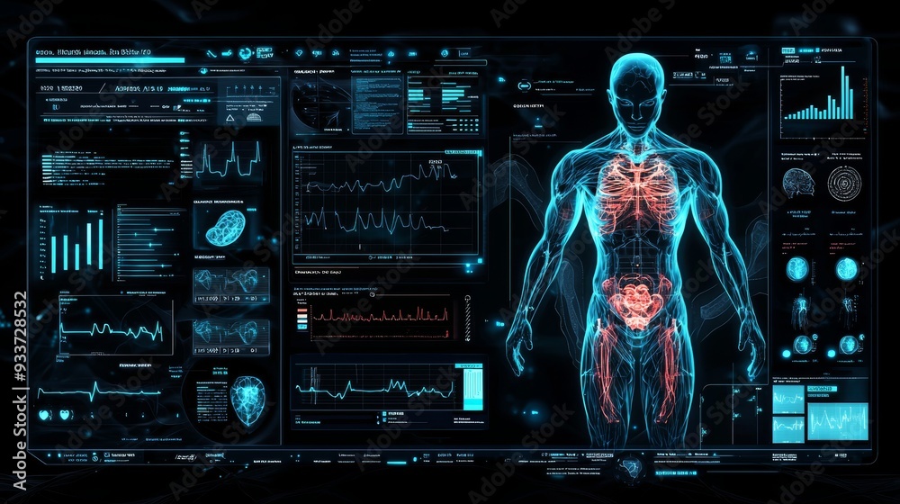 Poster Abstract blue medical user interface with futuristic informationgraphics and technology elements. 3D rendering.