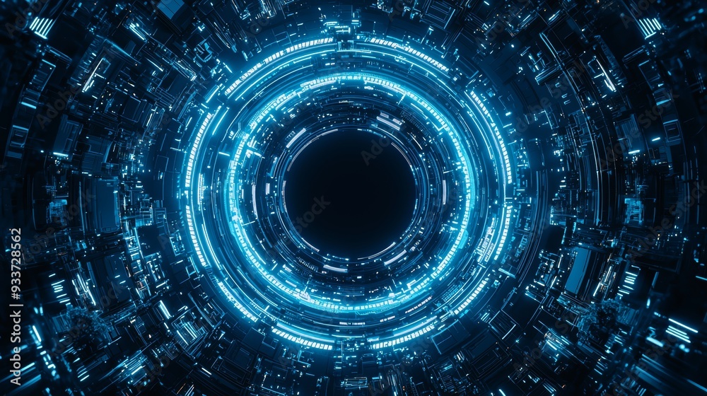 Aufkleber Background rendering of a sci-fi circle circuit hud on a blue background of dots and microchips.