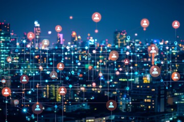 Fototapeta premium Recruiting candidates for international business consulting from a rooftop with a concrete terrace. Human resources and networking icons. City downtown. Two-way exposure.