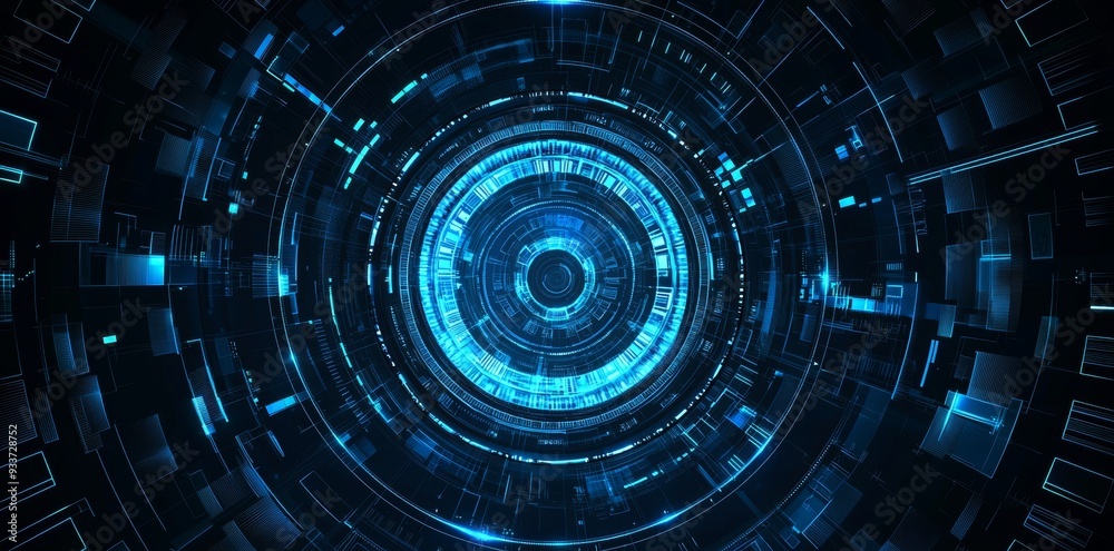 Poster Round border-frame scifi digital screen with hologram podium in a futuristic circle blue color. The hologram podium is futuristic and characterized by modern technology.