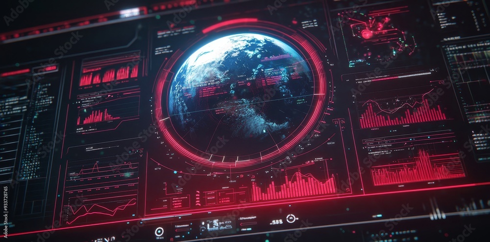 Fototapete On dark technological background, abstract global data stats with world map in the center of composition. 3D rendering.