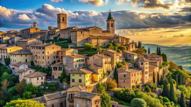 Serene medieval town perched on a hill in Umbria, Italy, with rustic stone buildings, narrow cobblestone streets, and breathtaking Tuscan countryside views.