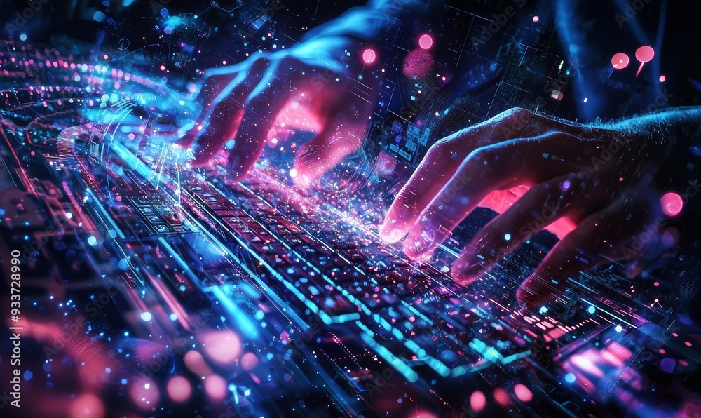Poster In the future, a man will be working on a HUD touchscreen interface, an interactive business and technology concept, communication network, GUI (Graphical User Interface) and a futuristic concept.
