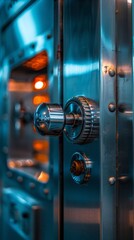 A metal vault door with a chrome handle and lock is partially open, revealing shelves and drawers inside lit by soft orange lights, creating a mysterious ambiance.