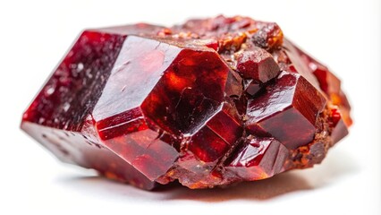 A close up view of a natural rough garnet pyrope almandine crystal featuring its vibrant red color and rough surface texture photographed from a bird s eye perspective on a white background