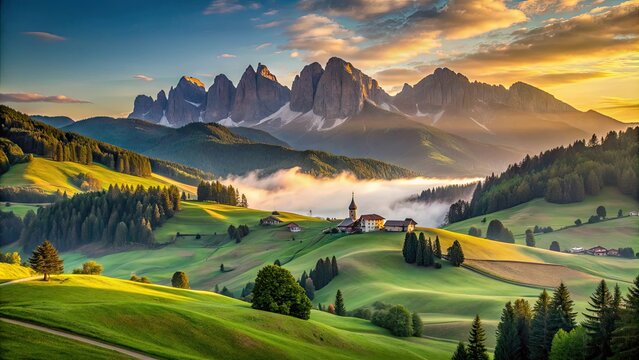 Serene morning mist rises over rolling hills and verdant pastures in the picturesque Puster Valley, surrounded by majestic Italian Dolomite mountain peaks.