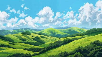 Fototapeta premium Green Hills and Blue Sky with Clouds Illustration