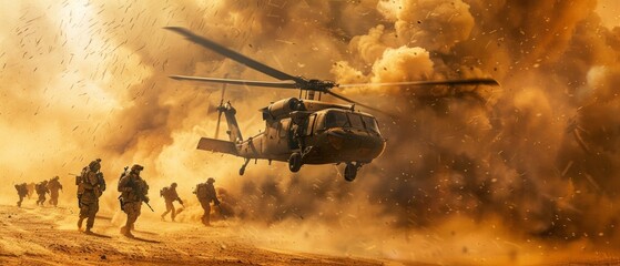 A helicopter flies low over the desert and soldiers are walking below amidst the dust and explosions, indicating military action.