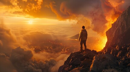 Obraz premium A dramatic scene with a person on a cliff, fiery mountains, and vibrant skies. Nature's grandeur overwhelms the figure.