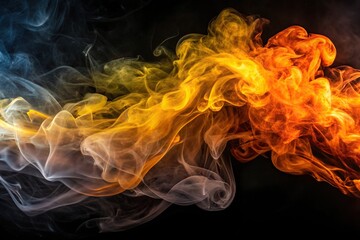 Obraz premium Abstract black background with swirling orange and yellow smoke, swirl, mysterious, moody,black, texture, creative, colors, vibrant, design, vibrant, backdrop, pattern, dynamic, smoke