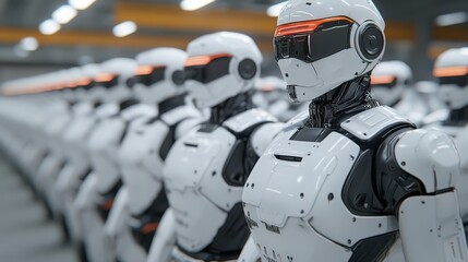 Fototapeta premium Row of futuristic humanoid robots in a factory setting representing advanced AI and automation.