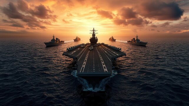 Aircraft carrier surrounded by support vessels during a military exercise, photorealistic, coordination and strategic power