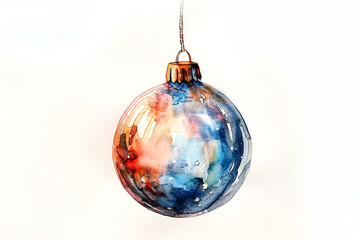 Watercolor Christmas ornament with abstract blue and red colors, hanging on a white background