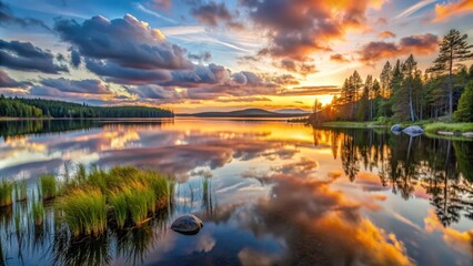 Fototapeta premium Peaceful sunset over calm lake in Bjornlandets nationalpark, Sweden, serene, tranquil, forest, reflection, sunset, lake