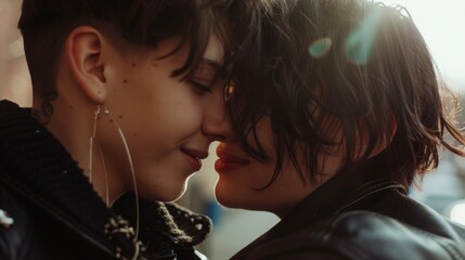 An image of two women in leather jackets about to kiss. One has lightning bolt earrings, short hair and freckles, the other has shaggy dark hair. An intimate, romantic scene in an urban setting