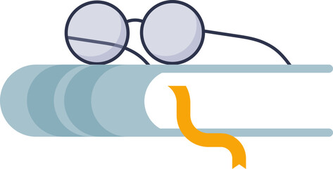 Reading glasses on top of stacked books with a bookmark, symbolizing leisure reading.