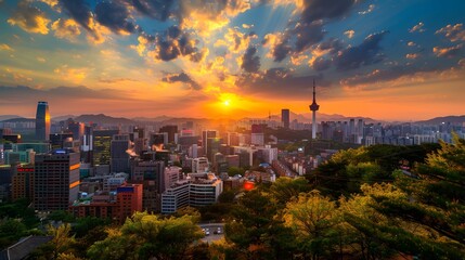 Fototapeta premium Sunset of Seoul City and Seoul Tower South Korea.