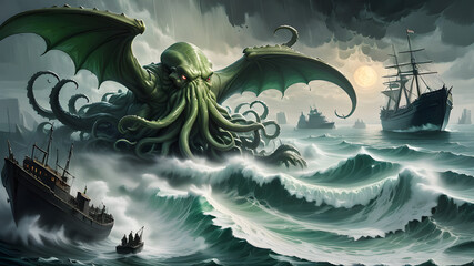Dark fantasy scene showing Cthulhu the giant sea monster destroying ships, digital art style, illustration painting