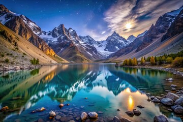 Obraz premium Serene night landscape of Kulikalon lake, surrounded by rugged mountain range, snow-capped peaks, and glaciers, under a starry moonlit sky in Fan Mountains, Tajikistan.