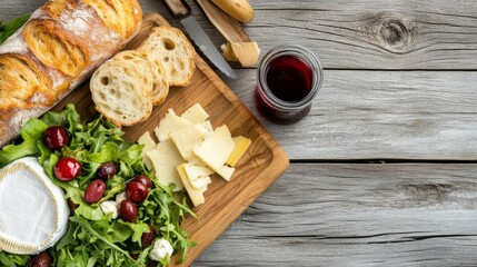 Fototapeta premium Wooden table with a farm-to-table lunch of fresh bread, cheese, and salad, organic lunch, natural food pairing