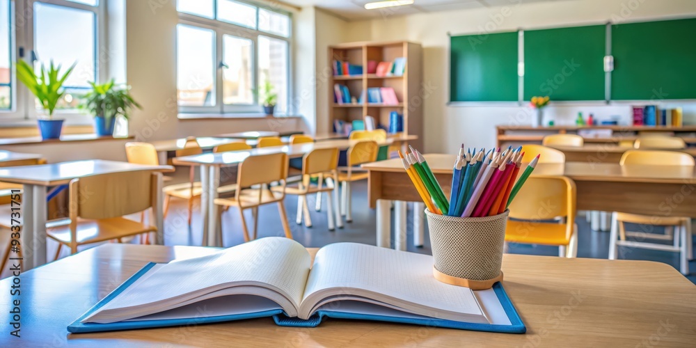 Poster Classroom with open book, pencils in a holder, and desks arranged in the background, creating a learning environment