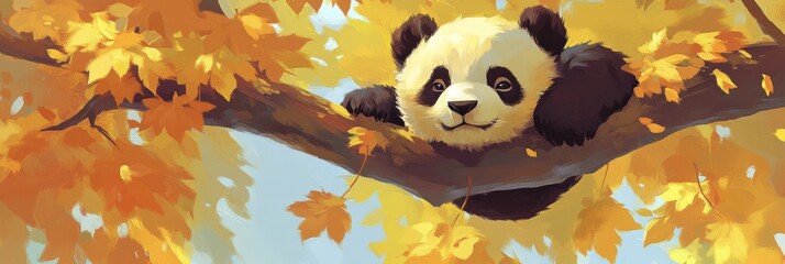 The cub of a little Giant Panda relaxing in a tree