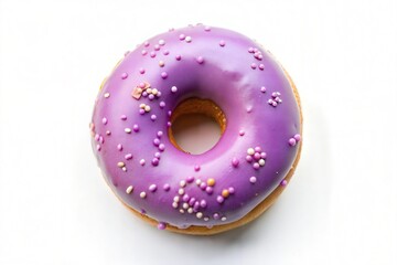 Purple glazed donut with sprinkles, isolated on a white background, top view