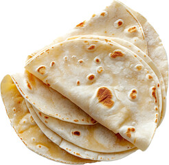 A stack of soft, golden-brown flour tortillas with one slightly folded on top.
