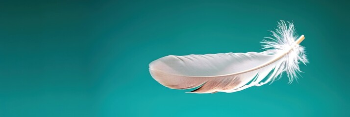 Naklejka premium Close-up of a white feather floating against a turquoise background, representing lightness, freedom, and elegance.