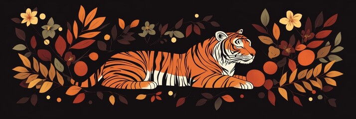 Obraz premium This classic linocut print features a regal tiger and vibrant mango trees