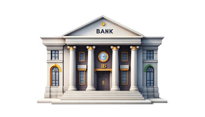 3d A grand, classical bank building with tall columns, a wide staircase, and a gold emblem, symbolizing stability, trust, and financial strength.