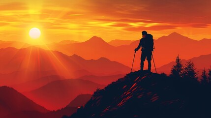 Fototapeta premium Hiker Silhouette at Sunset in the Mountains