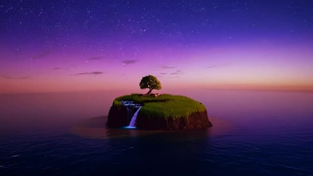Tranquil waterfall cascading into the sea from an island, with a lone tree on a grassy knoll under a warm sunset glow