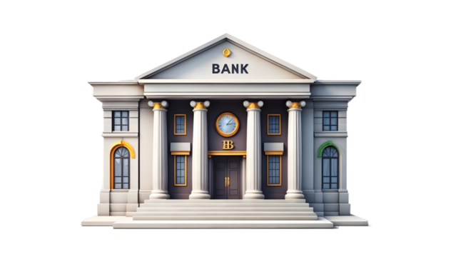 3d A grand, classical bank building with tall columns, a wide staircase, and a gold emblem, symbolizing stability, trust, and financial strength.