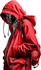 A stylish figure in a bold red hooded jacket, gazing downward with a mysterious and moody expression.  
