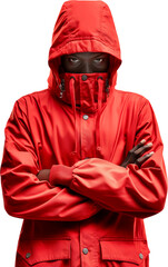 A mysterious person wearing a striking red hooded jacket with a high collar covering their face, staring intensely.  
