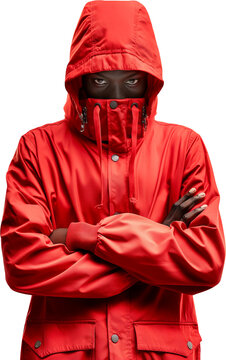 A mysterious person wearing a striking red hooded jacket with a high collar covering their face, staring intensely.  
