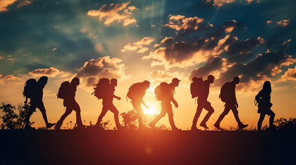 Fototapeta premium group of travelers on the horizon at sunset