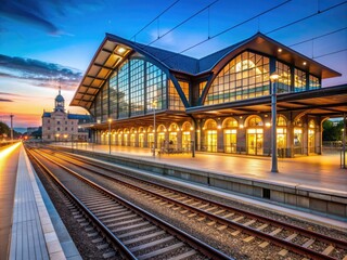 Fototapeta premium Serene summer evening scene of a vacant Magdeburg Main Station in Germany, with modern architecture and gentle natural light casting a warm glow.