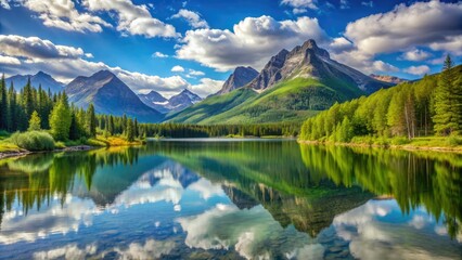 Fototapeta premium Serene summer landscape in Montana features a tranquil lake, surrounded by lush green forests and majestic mountain peaks under a bright blue sky.